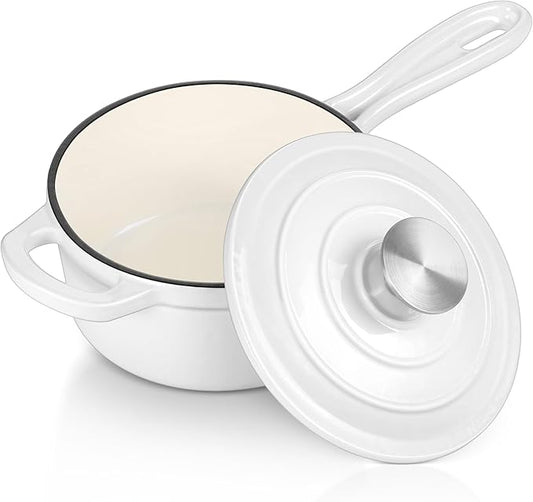 2 Quart Saucepan with Lid, Leonyo Enameled Cast Iron Sauce Pan, Heavy Duty Dutch Oven Cast Iron Pot Kitchen Cookware for All Cooktops Cooking Pasta, Milk, Soup- Up to 500°F & 6.7Lbs, White