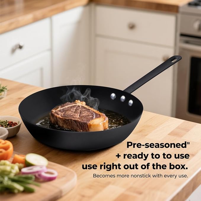Coating-Free Carbon Steel Pan, Durable 10 Inch nitrided Frying Pan, Oven Broiler Safe 660F and Induction Compatible, PFOA Free
