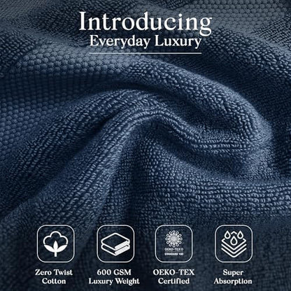 Premium Staple Cotton Bathroom Towel Set - Navy 600 GSM 6-Piece Luxury Bath Towel Set 3 Stripe - 2 Bath Towels, 2 Hand Towels & 2 Washclothes Set - High Absorbent & Quick Dry for Gym, Spa, Hotel