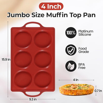 CAKETIME Jumbo Silicone Muffin Top Pan with Metal Frame, 4 Inch Non Stick Round Egg Baking Pan for Oven English Muffins, Whoopie Pies, Corn Bread, Egg Bites, Breakfast Sandwiches Tarts 2 Pack Brown