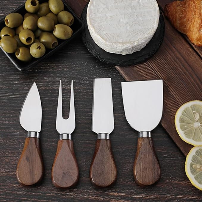 Linwnil 4-Piece Set of Stainless Steel Cheese Knives with Wood Hand, Including Cheese Slicer and Cheese Cutters, Essential Cheese Tools for the Kitchen (Walnut handle, Silver)
