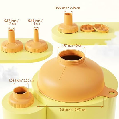 Pisol Wide Mouth Versatile Funnel, Canning Funnels for Kitchen Use, Food Grade Plastic Cooking Funnel Set with 4 Size Spouts and 2 Strainers for Filling Different Bottles and Bags, Orange