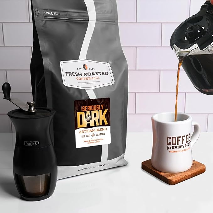 Fresh Roasted Coffee, Seriously Dark Artisan Blend Whole Bean Coffee, Dark Roast, Kosher, 5 lb (80 oz)