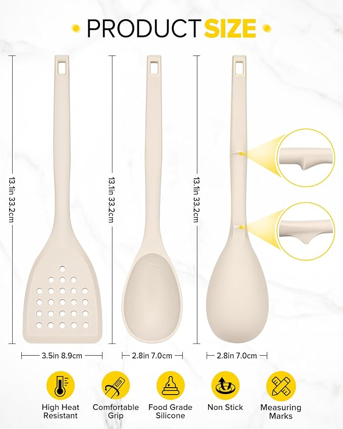Pack of 4 Silicone Cooking Utensils Set, Non Stick Solid Spatulas and Heat Resistant Slotted Spoons with Back Hooks, Ideal BPA Free Kitchen Utensils Set for Frying,Serving,Turning,Stirring(KHAKI)