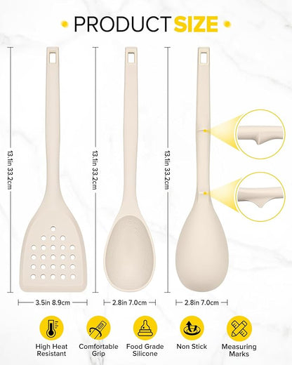 Pack of 4 Silicone Cooking Utensils Set, Non Stick Solid Spatulas and Heat Resistant Slotted Spoons with Back Hooks, Ideal BPA Free Kitchen Utensils Set for Frying,Serving,Turning,Stirring(KHAKI)