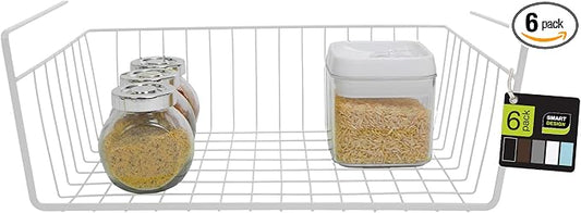 Smart Design Undershelf Storage Basket - Set of 6 - Medium - Snug Fit Arms - Steel Metal Wire Frame - Rust Resistant - Cabinet Pantry, Shelf Organizer Rack - Kitchen & Bathroom - 16 x 5.5 Inch - White