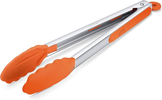 Silicone Salad Tongs - 12 Inch, 304 Stainless Steel Core & Non-Slip Grip, Red Color, Kitchen Utensils for Grilling Salad
