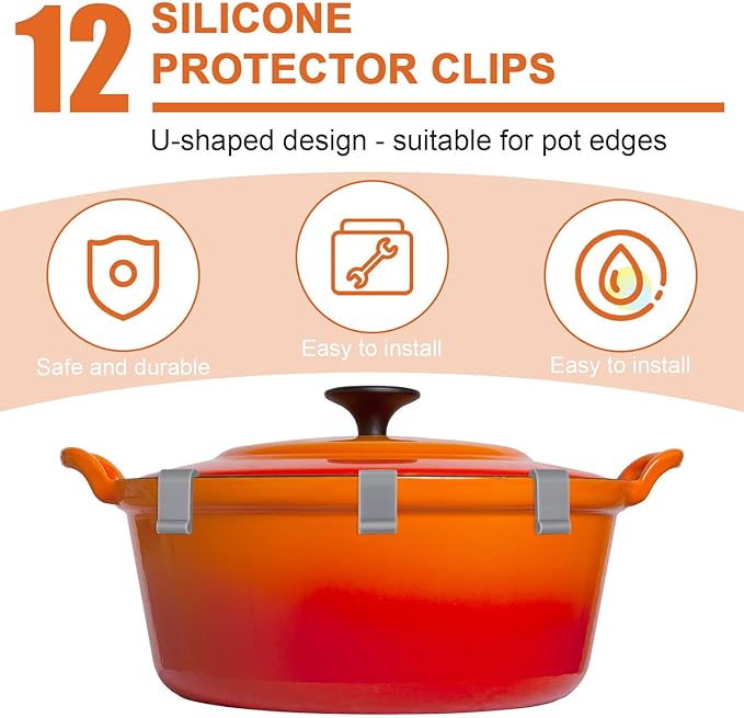 12pcs Silicone Dutch Oven Lid Clips - Flexible Bumper Non-Slip Pan Protectors (gray)