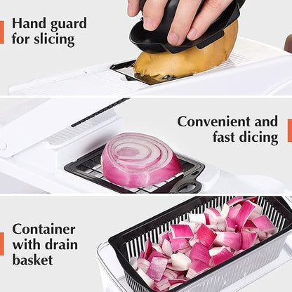 Vegetable Chopper: 10 in 1 Food Chopper - Onion Vegetable Slicer Cutter Dicer, Veggie Cutter with Container, 7 Blades, Kitchen Gadgets for Carrot Salad Garlic Potato Slicer (Black/White)
