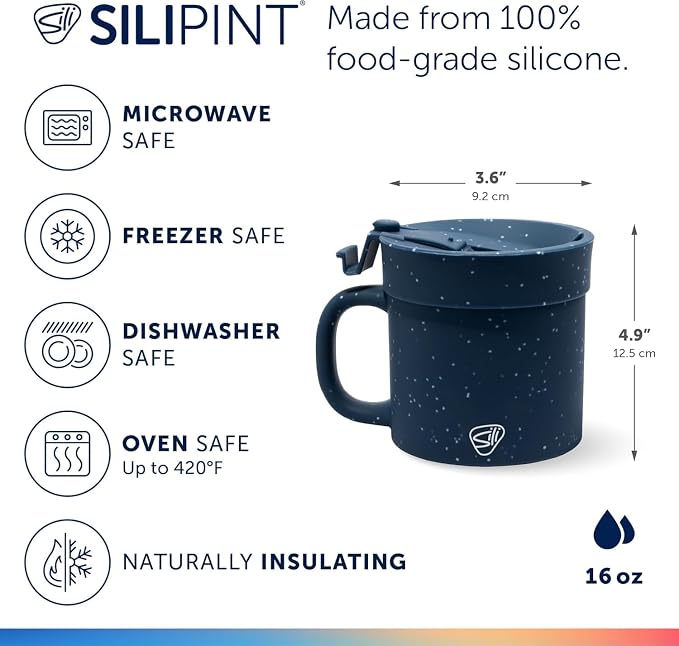 Silipint 16oz Silicone Coffee Mug Tumbler with Flip Lid – Unbreakable Dishwasher Safe Microwave Oven & Freezer Compatible – Non-Toxic Reusable Cup, Coffee Tea, Cold Drinks, Speckled Blue - Pack of 2