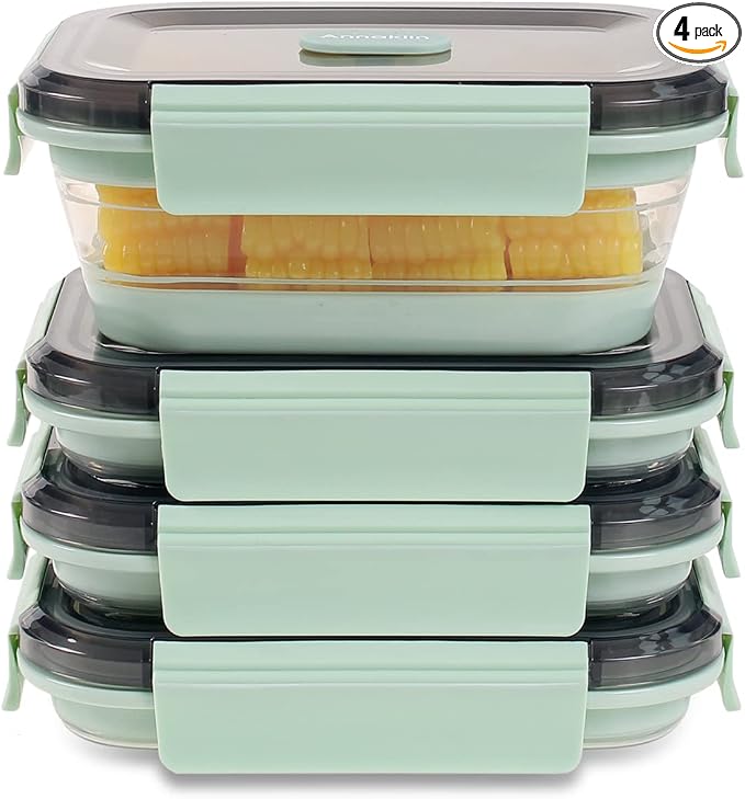 Collapsible Food Storage Containers with Lid & Air Vent, Clear Stacking Silicone Collapsible Food Container Set, Microwave Freezer Dishwasher Safe Space-Saver, Set of 4, Mint Green