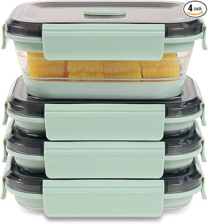 Collapsible Food Storage Containers with Lid & Air Vent, Clear Stacking Silicone Collapsible Food Container Set, Microwave Freezer Dishwasher Safe Space-Saver, Set of 4, Mint Green
