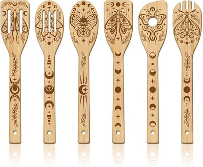 GLOBLELAND 6 Pcs Moon Moth Wooden Spoons Utensil Set Moon Phases Bamboo Kitchen Cooking Utensils for Women and Men Wooden Engraved Cooking Spatula Set for Kitchen Fun House Warming Gift