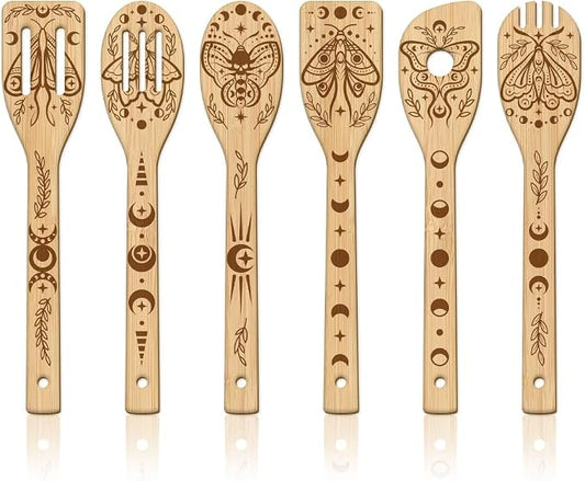 GLOBLELAND 6 Pcs Moon Moth Wooden Spoons Utensil Set Moon Phases Bamboo Kitchen Cooking Utensils for Women and Men Wooden Engraved Cooking Spatula Set for Kitchen Fun House Warming Gift