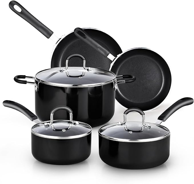 Cook N Home Professional Pots and Pans Kitchen Cookware Set - Includes Saucepans with Lid, Stockpot with Lid, Frying Pans, Heavy Nonstick, 8-Piece, Black