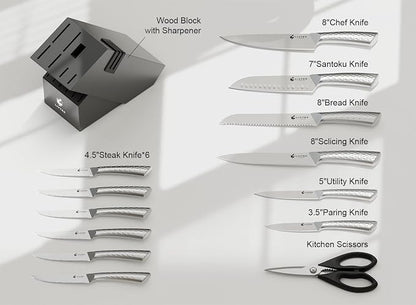 Livtek Kitchen Knife Set with Block: 15-Piece German Stainless Steel with Dual Sharpener for Cook Enthusiasts - Covers 95% Kitchen Tasks - Silver Full-Tang Ergonomic Handle, Dishwasher Safe, Gift Box