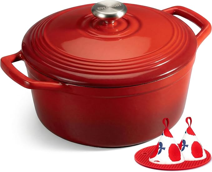 Overmont Enameled Cast Iron Dutch Oven - 5.5QT Pot with Wide Handles Lid Cookbook & Cotton Potholders - Heavy-Duty Pre-Seasoned Cookware Oven Safe to 500°F for Braising, Stews, Roasting, Sourdough Baking