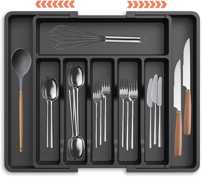 Silverware Drawer Organizer - Expandable Deep Utensil Organizer for Kitchen Drawers(13"-22.4" x 15", Black)