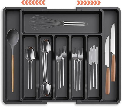Silverware Drawer Organizer - Expandable Deep Utensil Organizer for Kitchen Drawers(13"-22.4" x 15", Black)