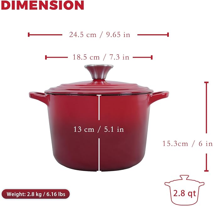 Flavehc Dutch Oven Pot with Lid 2.8 Qt Cast Iron Dutch Oven for Bread Baking, Red Enameled Cast Iron Soup Pot, Small Deep Dutch Oven for Soup, Stews & Small Family Meals