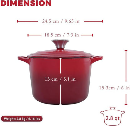 Flavehc Dutch Oven Pot with Lid 2.8 Qt Cast Iron Dutch Oven for Bread Baking, Red Enameled Cast Iron Soup Pot, Small Deep Dutch Oven for Soup, Stews & Small Family Meals