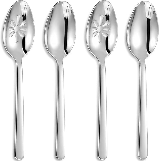 KEAWELL Premium Aline 4-Piece 9 inch Spoon Set – 18/10 Stainless Steel Silverware with Mirror Polish, Dishwasher Safe for Table Setting and Entertaining (4, Serving Spoons and Slotted Spoons)