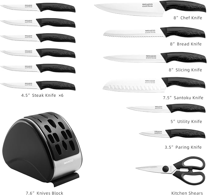 RAXCO 15-Piece Knife Sets with Block for Kitchen,Dishwasher Safe,Black | 6 Chef's Knives,6 Steak Knives,Kitchen Scissor,Stylish Block with Built-in Sharpener,Ergonomic Grips,Space-saving.