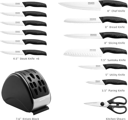 RAXCO 15-Piece Knife Sets with Block for Kitchen,Dishwasher Safe,Black | 6 Chef's Knives,6 Steak Knives,Kitchen Scissor,Stylish Block with Built-in Sharpener,Ergonomic Grips,Space-saving.