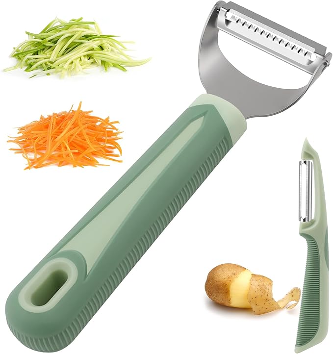 Julienne Peeler Vegetable Peeler -Y Carrot Shredder Julienne Slicer with 4.8'' Long Silicone Handle -Potato Peeler Swivel Peeler for Kitchen, Set of 2 Green