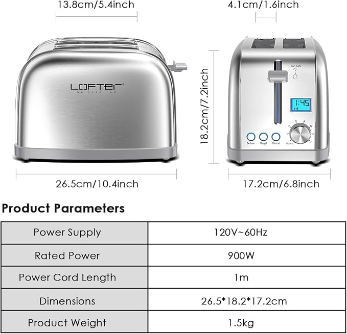 Lofter 2 Slicer Toaster with Bagel Function, Stainless Steel