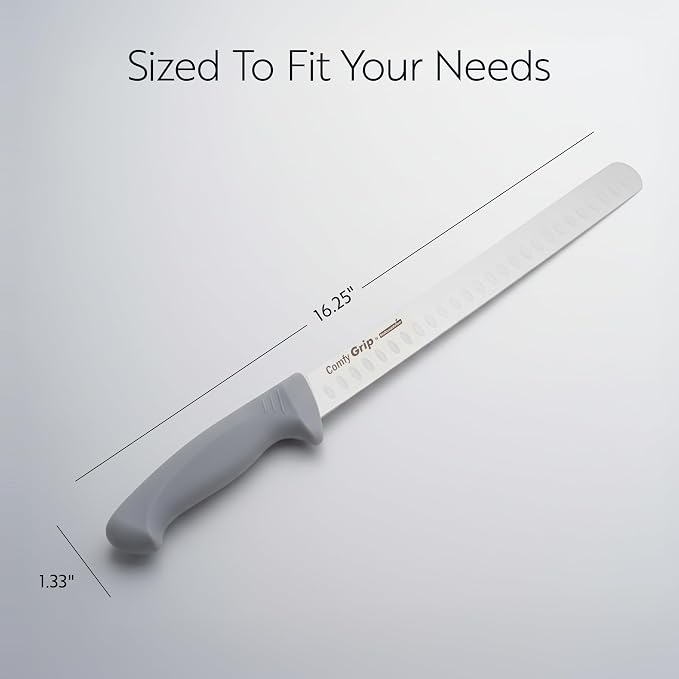 Restaurantware 12 Inch Slicing Knife Stainless Steel Ergonomic Handle Non-Slip Grip Durable Kitchen Knife, Dishwasher-Friendly for Home Cooking and Commercial Use, Gray