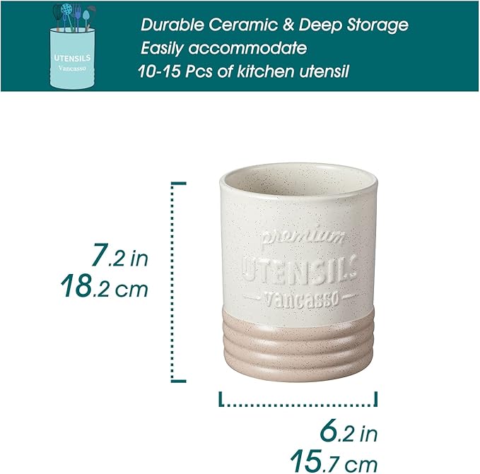 vancasso Sabine Ceramic Utensil Holder for Kitchen Counter, 7.2" Large Utensil Crock, Matte Cream Farmhouse Kitchen Utensil Holder, Countertop Organizer for Spoons, Spatulas and Cooking Tools