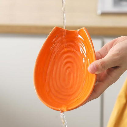 Hasense Spoon Rest for Kitchen Counter, Porcelain Spoon Holder for Stove Top, Cooking Utensil Rest Kitchen Gadget Spoon Cradle for Spatula, Ladle, Tongs and Knife, Orange