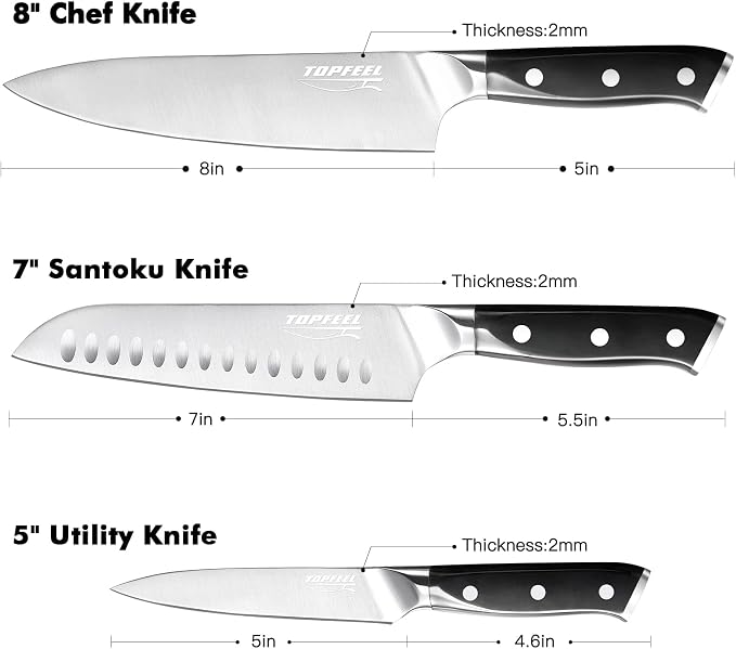 Topfeel Professional Chef Knife Set Sharp Knife, German High Carbon Stainless Steel Kitchen Knife Set 3 PCS-8" Chefs Knife &7" Santoku Knife&5" Utility Knife, Knives Set for Kitchen