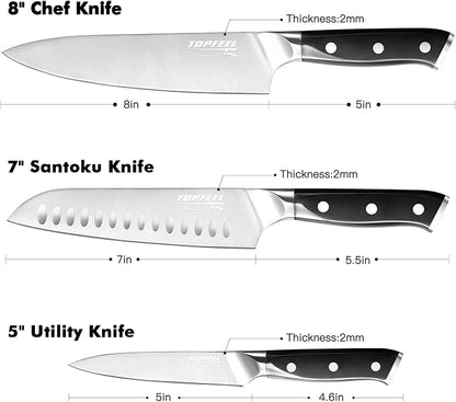 Topfeel Professional Chef Knife Set Sharp Knife, German High Carbon Stainless Steel Kitchen Knife Set 3 PCS-8" Chefs Knife &7" Santoku Knife&5" Utility Knife, Knives Set for Kitchen
