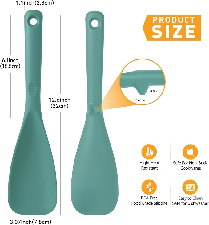 12.6" Extra Long Silicone Spatula Spoon for Nonstick Cookware, Seamless One-Piece Design Cooking Spoon with Built-in Tool Rest for Mixing, Scoop and Scrape, Dishwasher Safe, 2 Pack, Aqua Sky