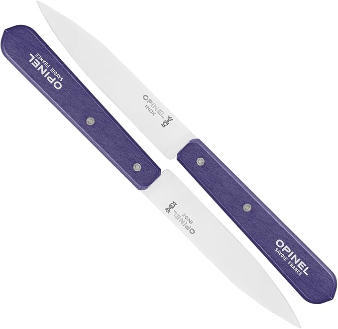 OPINEL No. 112 Paring Knives 2 Piece Set, Sandvik Steel Everyday Paring Knife, Wood Handles, Made in France (Purple)
