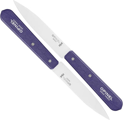 OPINEL No. 112 Paring Knives 2 Piece Set, Sandvik Steel Everyday Paring Knife, Wood Handles, Made in France (Purple)