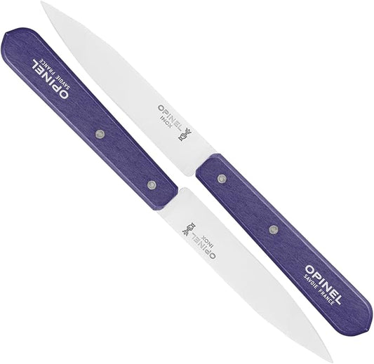 OPINEL No. 112 Paring Knives 2 Piece Set, Sandvik Steel Everyday Paring Knife, Wood Handles, Made in France (Purple)