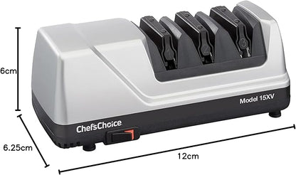 Chef'sChoice 15XV Professional Electric Knife Sharpener with Durable Metal Housing & 100-Percent Diamond Abrasives and Precision Angle Guides for Straight Edge and Serrated Knives, 3-Stage, Metallic