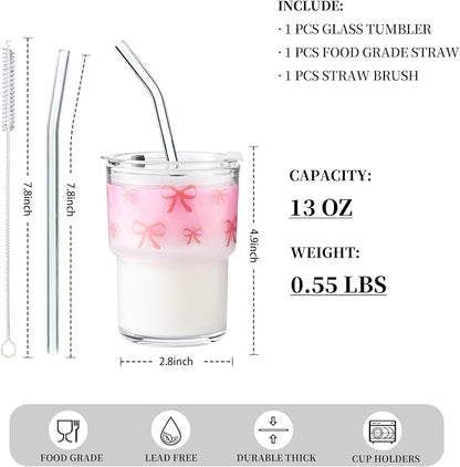 Olvini 13oz Glass Tumbler with Straw and Lid, Reusable Iced Coffee Cup Tumbler, Cute Glass Cups for Water, Matcha, Travel Coffee Mugs (Bow - 13oz)