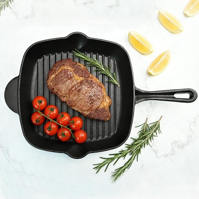11 Inch Square Grill Pan Large Pre-Seasoned Cast Iron and 10.5 Inch Round Griddle, Crepe Pan, BBQ Hot Plate Pans with Handle Silicone
