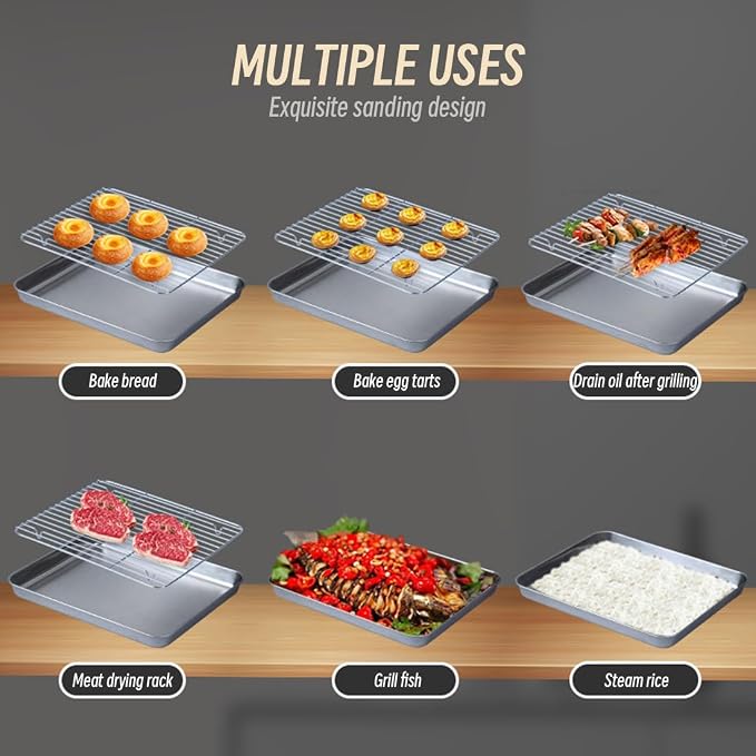 2-in-1 Stainless Steel Baking Sheet with Cooling Rack, Food Grade Oven Pan, Oven Safe, Warp Resistant, Heavy Duty, Easy Clean, Dishwasher Safe, for Baking, Roasting, Cooling, Draining Oil
