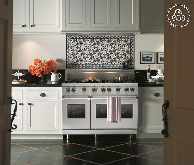 HONEST WEAVE GOTS Certified Organic Cotton Kitchen Hand and Dish Towel Sets - Oversized 20x30 inches, Fully Hemmed, in Designer Colors, 6-Pack, Plum Stripe