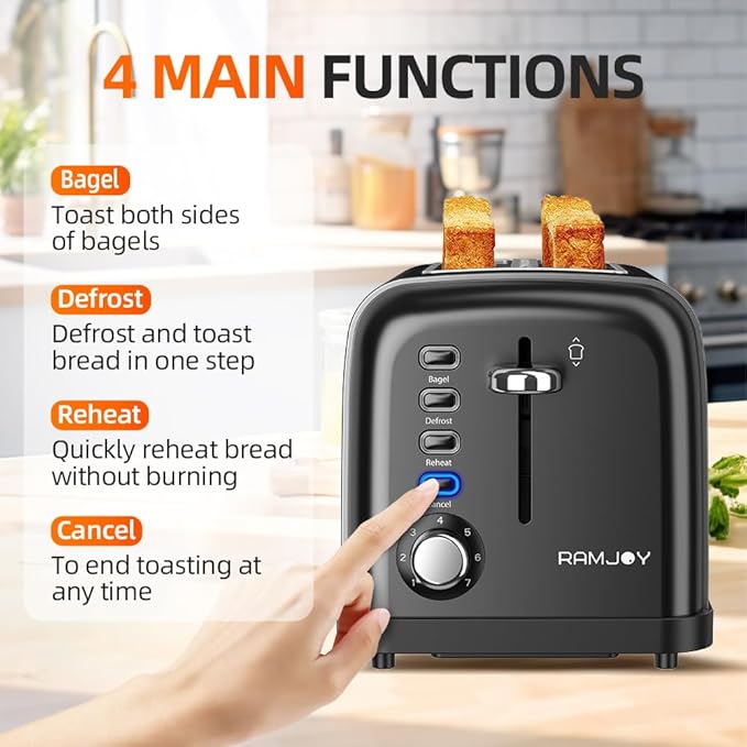 RAMJOY Black Toaster 2 Slice, Extra Wide Slot Toaster for Bagels, Bread, Waffles, 7 Shade Settings, 4 Main Functions, Removable Crumb Tray, 900 Watts Toasters, Black Stainless Steel