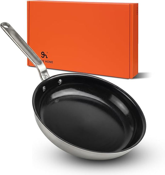 5 Ply Ceramic Non Stick Frying Pans - 10 Inch Stainless Clad Nonstick Skillet, Non Toxic, PTFE & PFOA FREE, Professional Cookware for Induction, All Stoves and Oven up to 650°F