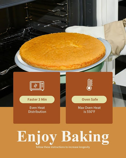 9 Inch Nonstick Round Cake Pan with Handle, Ceramic Coating PFOA PFAS PTFE Free, Aluminized Steel, Oven Safe 550°F, Dishwasher Safe, For Layer Cakes Cheesecakes and Brownies (Pistachio Green)