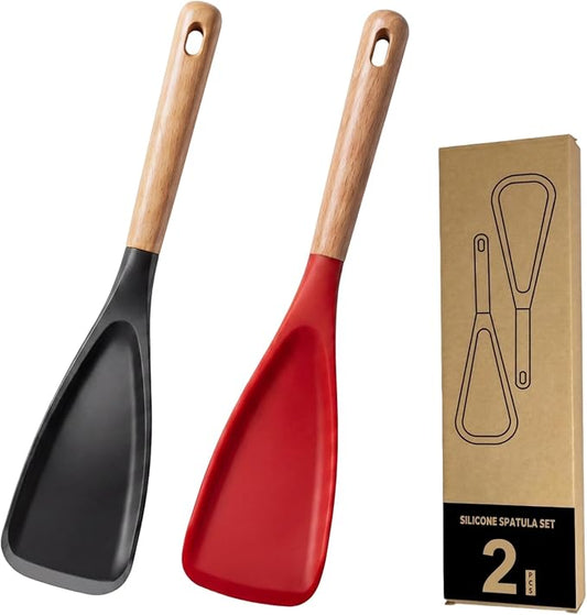 Silicone Cooking Spoon & Spoonula Spatula for Nonstick Cookware, Heat Resistant 600°F Kitchen Utensil, BPA-Free Food-Grade, Solid Wood Handle, Serving Scraping Scooping Stirring (Black & Red,)