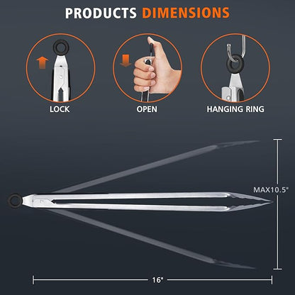 Hotec Stainless Steel Kitchen Tongs, 16 Inch Extra Long Locking Metal Food Tongs for Cooking, Serving, BBQ, Grill Non-Slip Grip