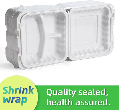 55-Pack 34oz 8 Inch Food Containers - Shrink Wrapped No Pre-Wash | 3-Compartment Reusable & Secure Snap Closure | Bpa Free Microwave Safe for Leftovers, Work Meals, Takeout & Meal Prep, White